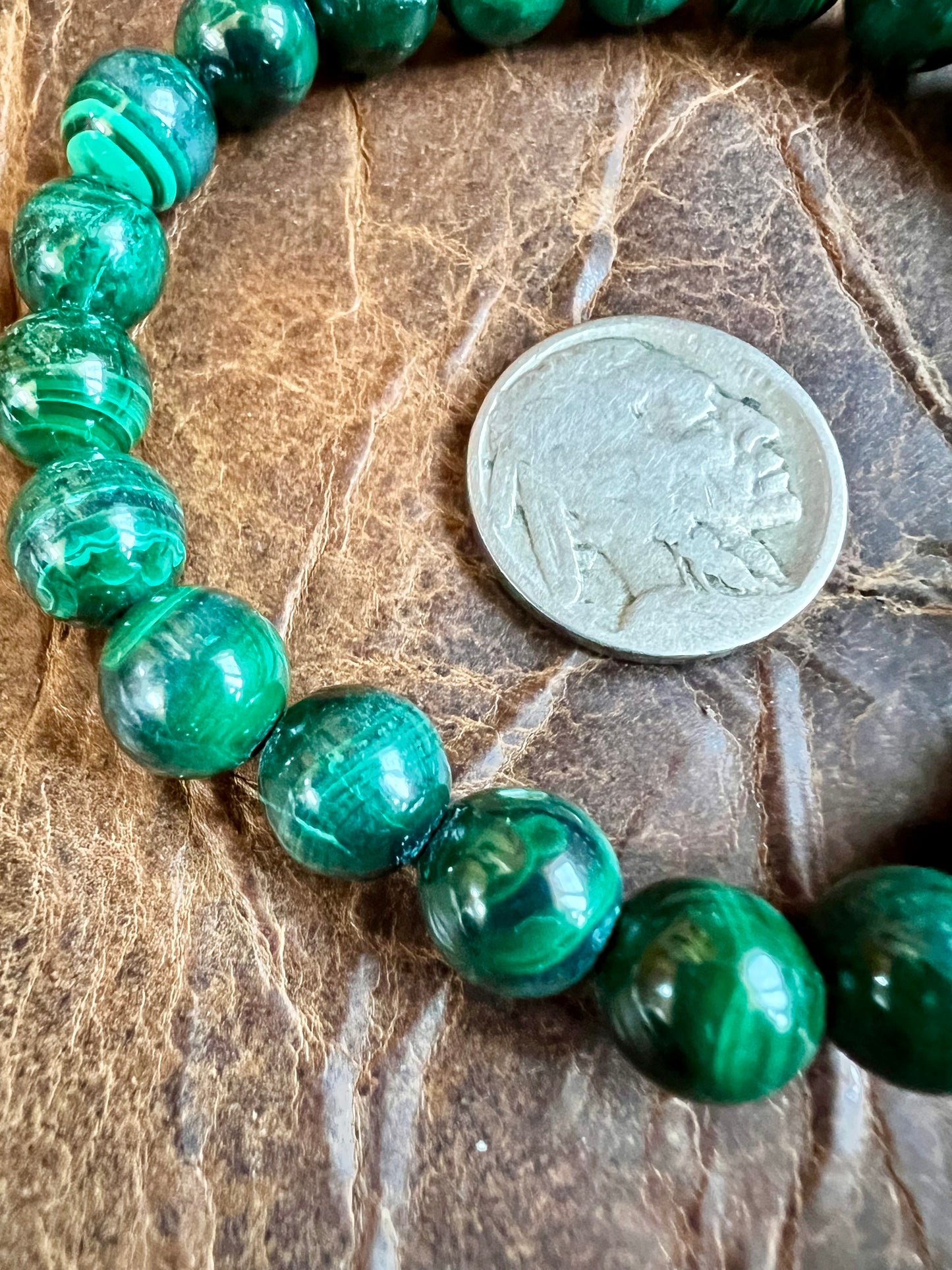 Malachite 9mm Round Bead Stretch Bracelet 7”