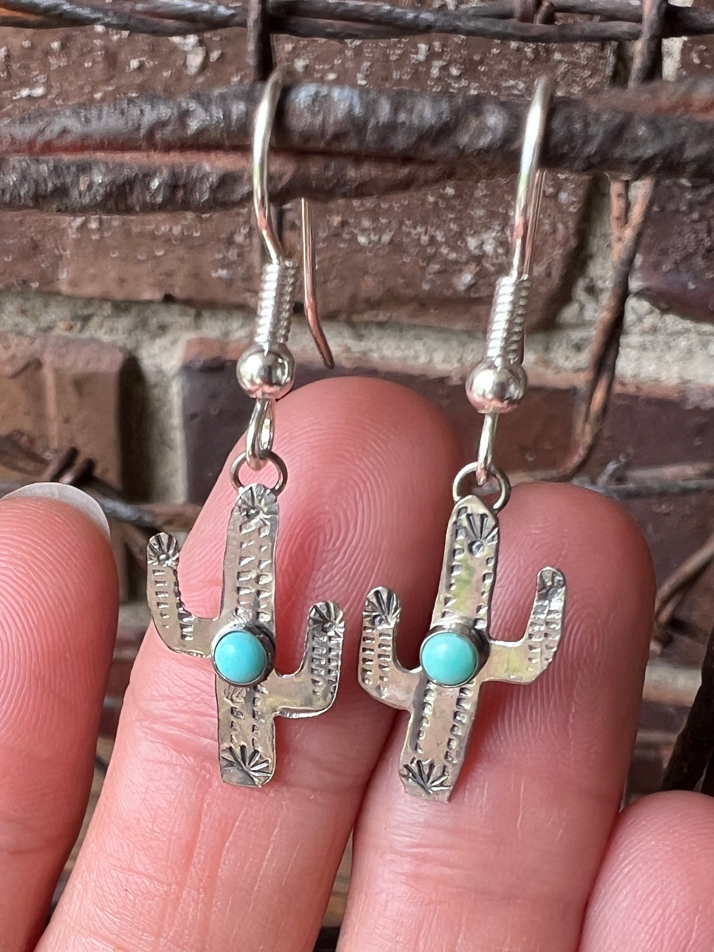Dainty Handmade by Lucille Platero (Navajo) Turquoise & Sterling Silver Saguaro Cactus Earrings 1 3/8” Length