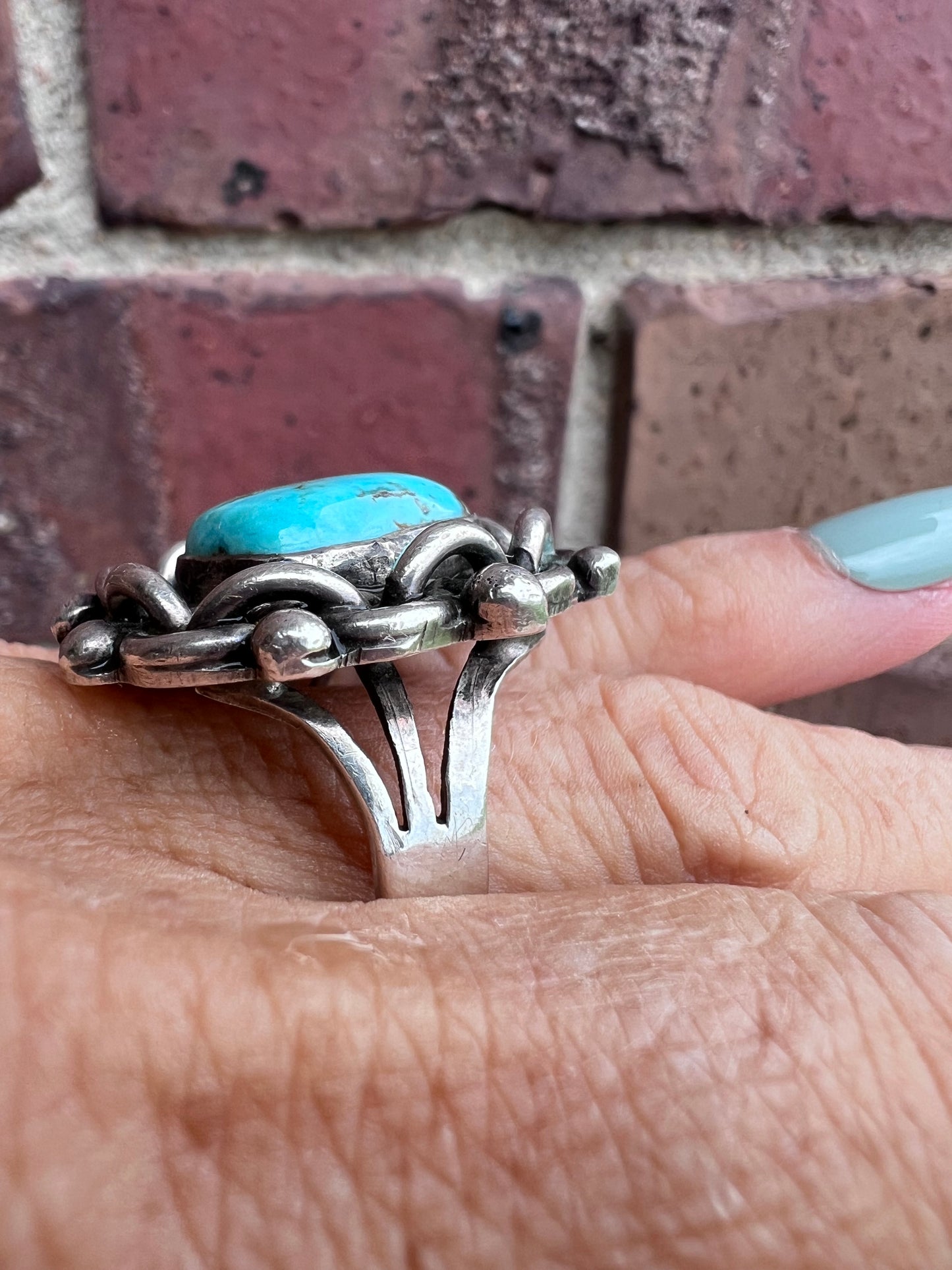 Vintage Handmade Heavy Sterling & Turquoise Ring Sz 8