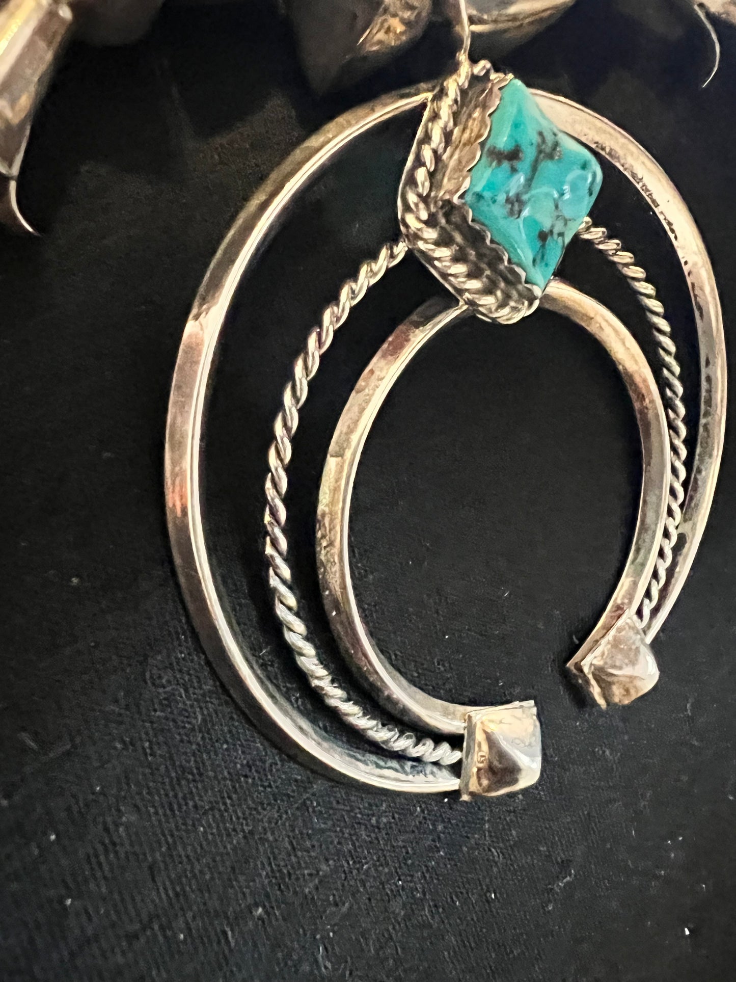 Navajo Handmade by Leon Curley Sterling Silver & Turquoise Square Bead Squash Blossom Necklace & Post Earrings Set