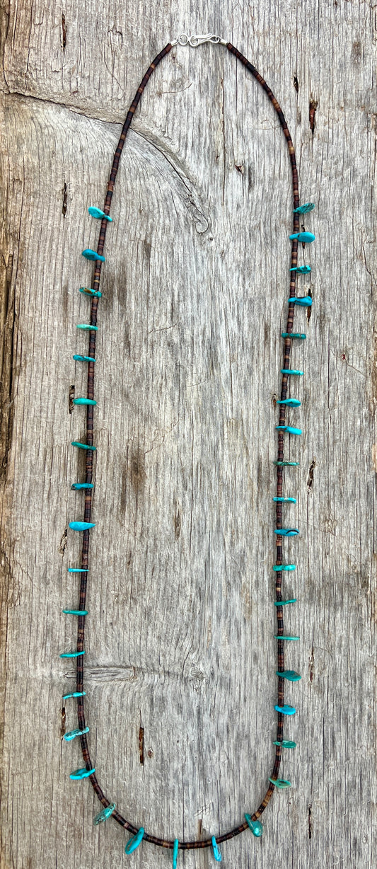 Turquoise Tab Bead & Pin Shell Heishi Necklace 35.5”