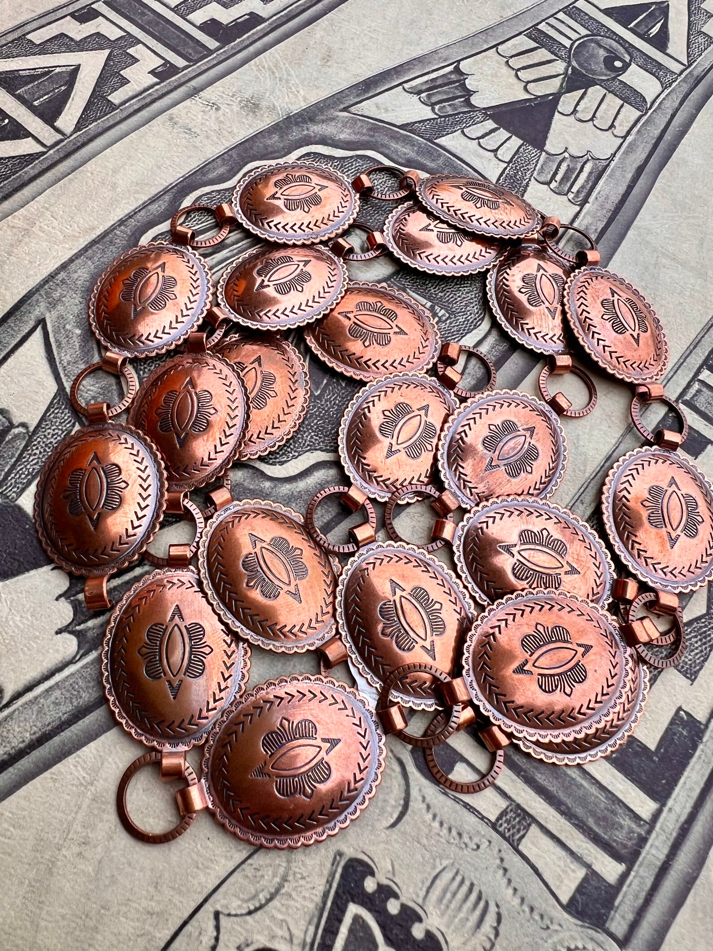 Gorgeous Copper Stamped Concho Belt/Lariat Necklace 43”