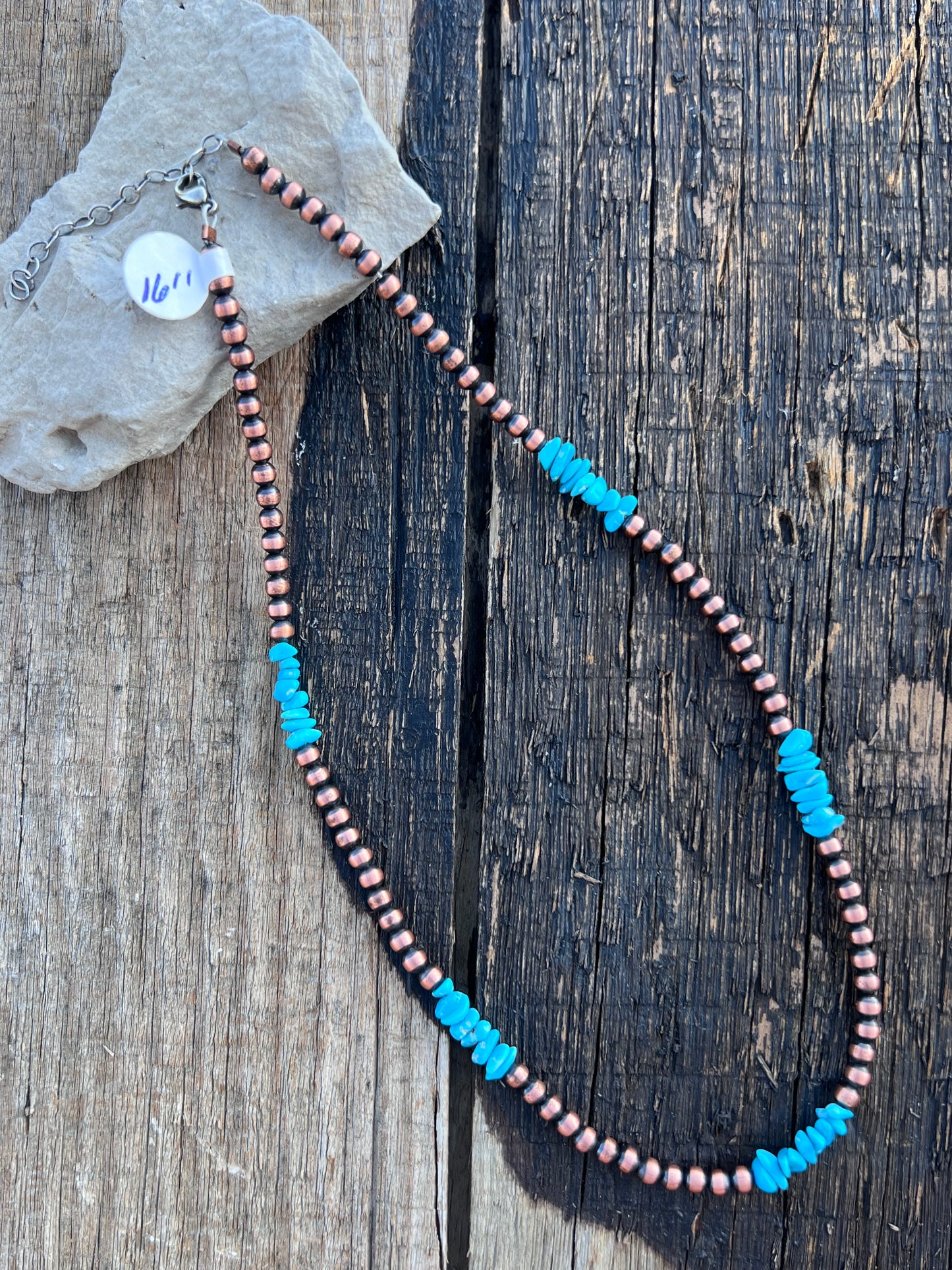 Copper 4mm Beads & Sleeping Beauty Turquoise Chip Necklace 16”-18”
