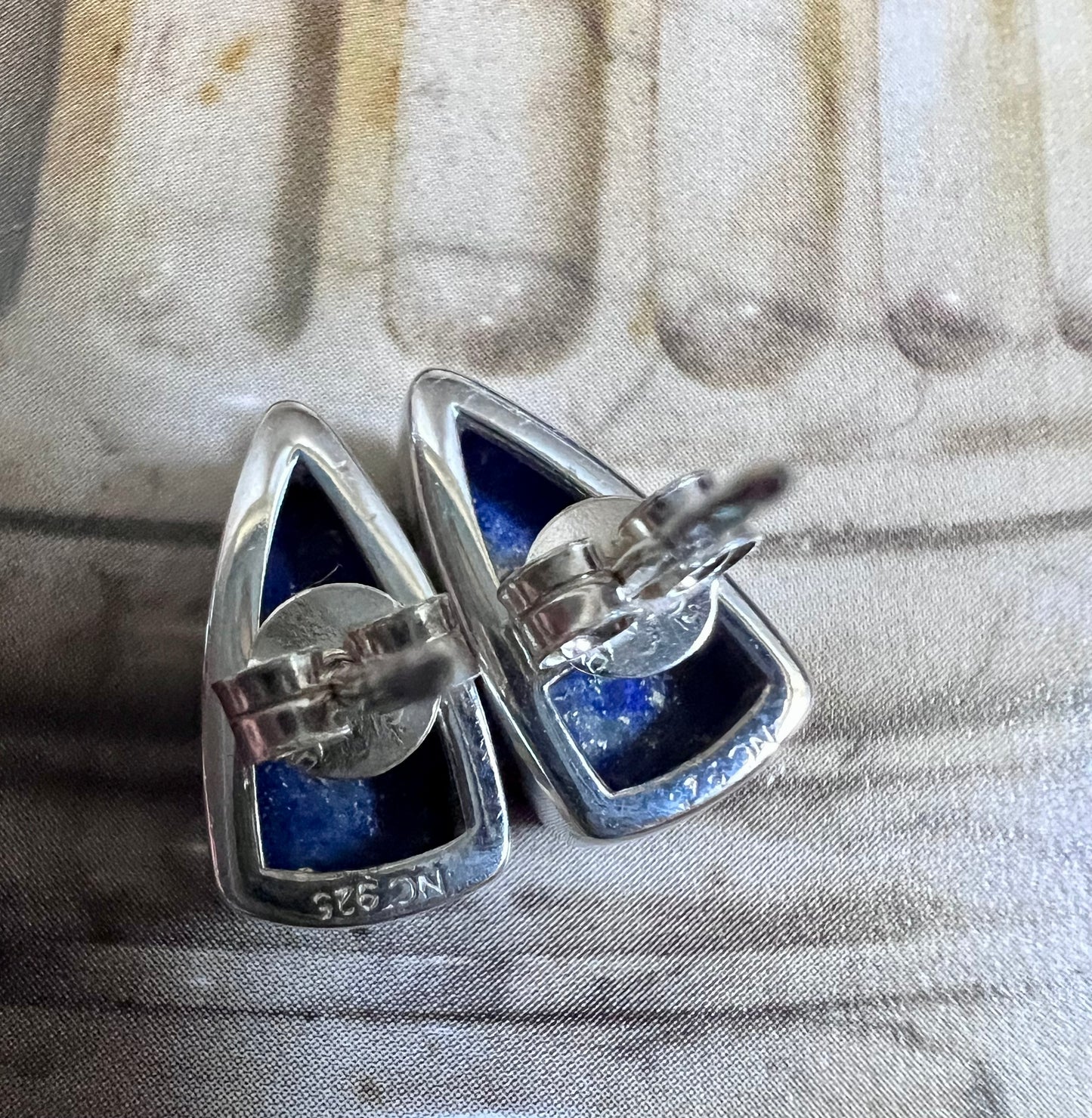Lapis & Sterling Triangle Post Earrings 1/2”