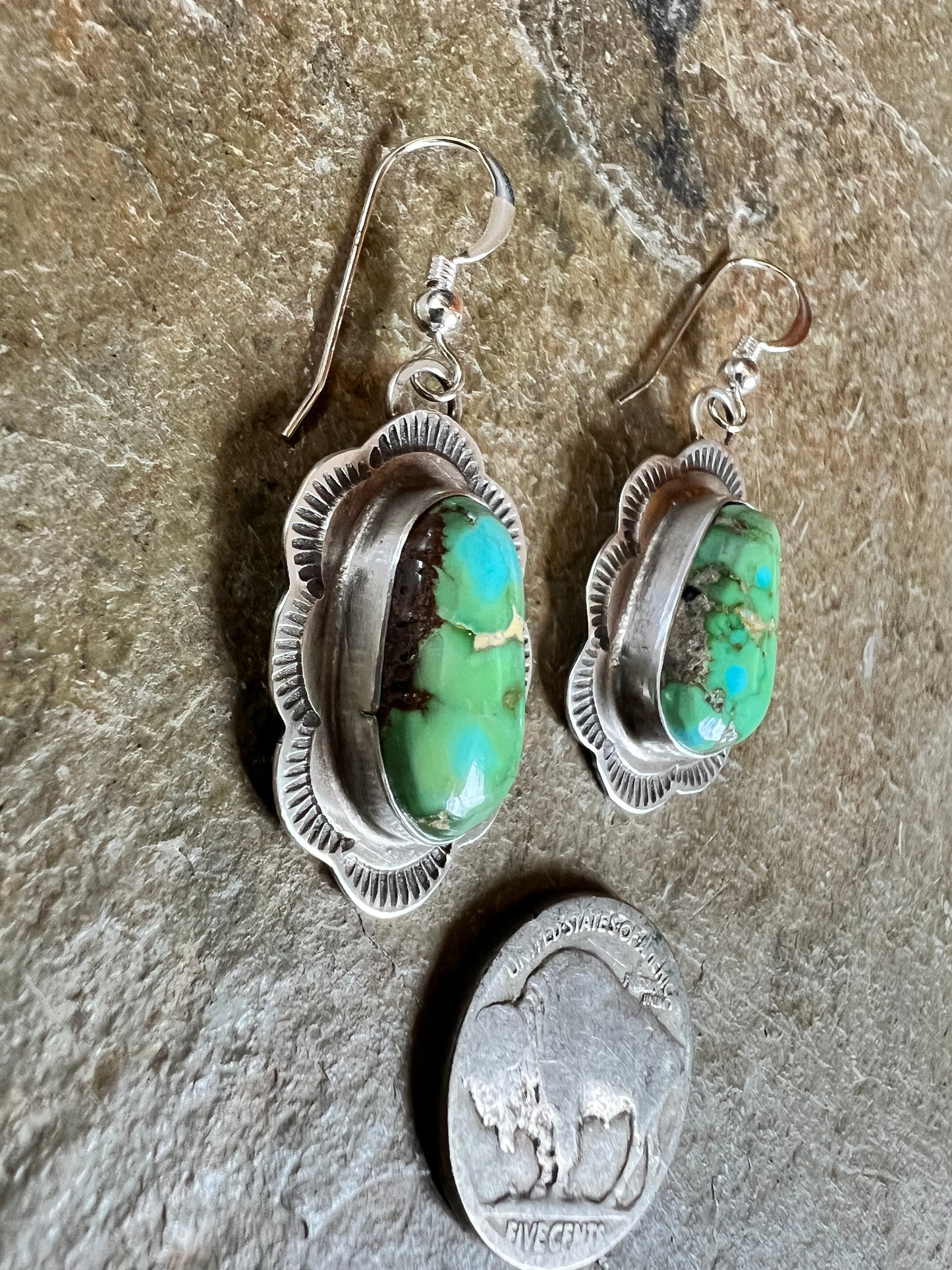 Navajo Handmade by Randall Endito, Sonoran Gold Turquoise & Sterling Silver Dangle Earrings