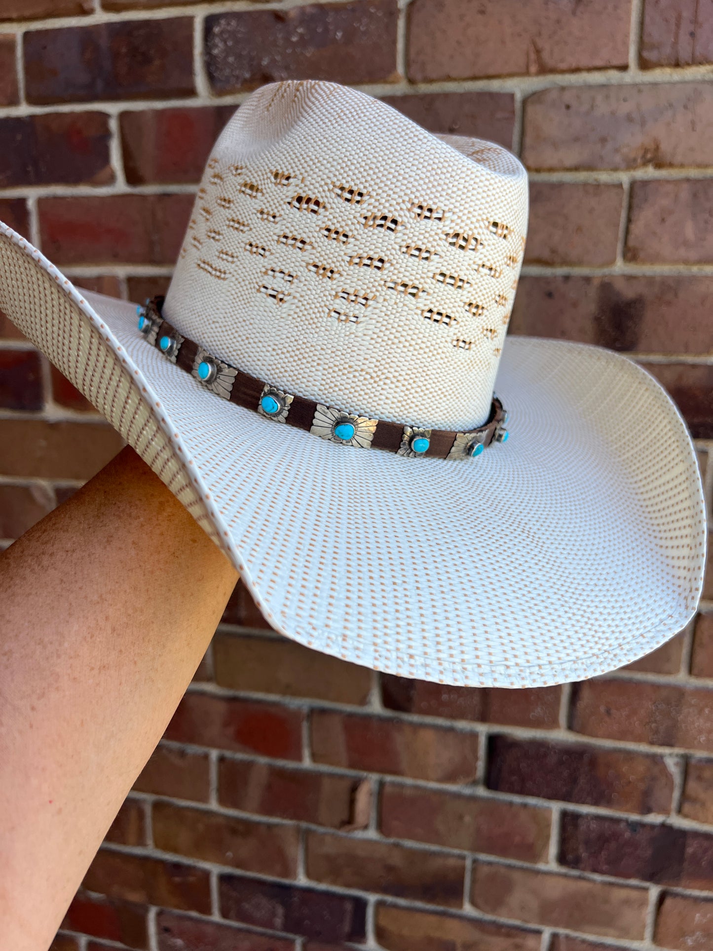 Sterling Silver & Turquoise on Brown Leather Hatband- Navajo Handmade by Marlene Ramone 27” x 1/2”
