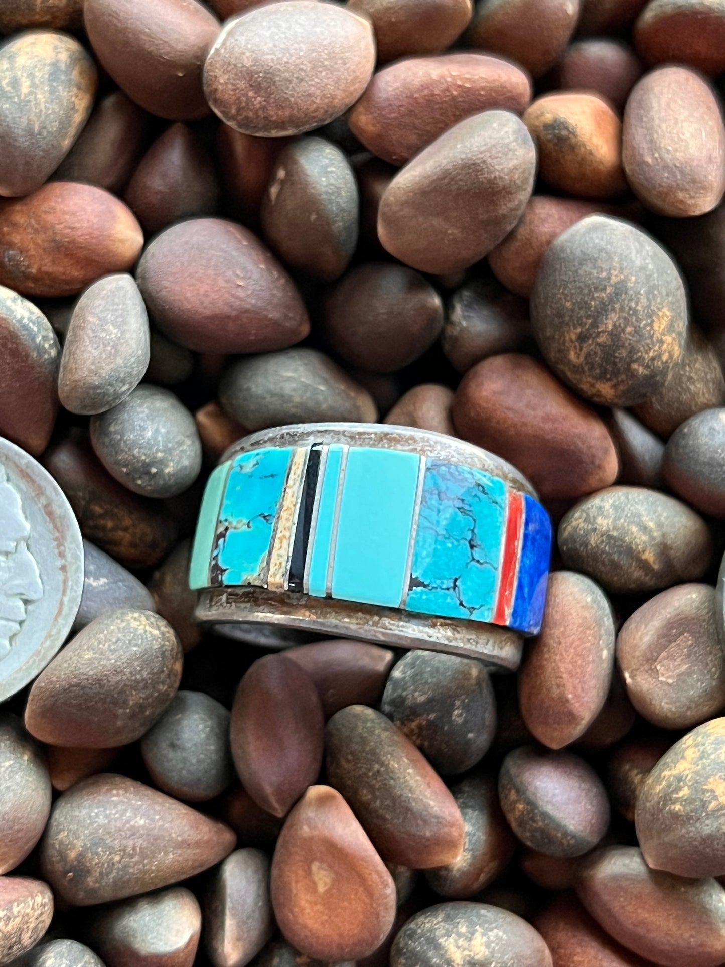 Vintage Navajo Handmade Men’s Inlay Ring - Lapis, Coral, Turquoise, Onyx, Jasper & Sterling Silver Sz 10