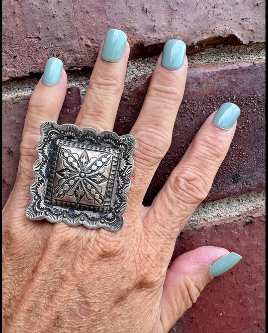 Handmade by Vincent Platero- Large Sterling Stamped Square 1 5/8” Ring Sz 6-9”adjustable