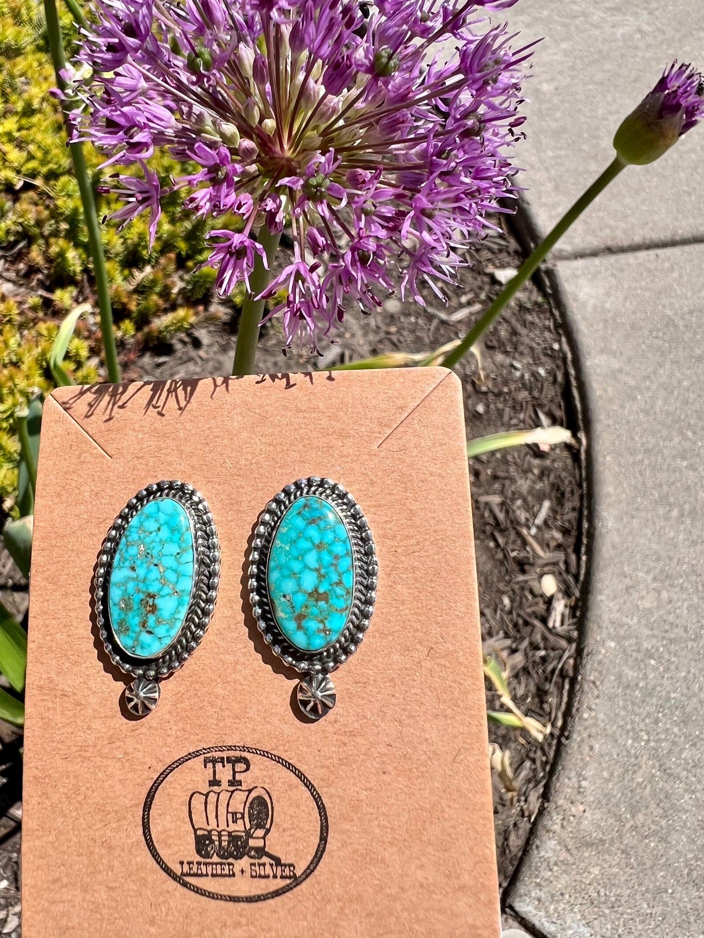 Navajo Handmade by Darrell Wylie- Waterweb Kingman Turquoise & Sterling Silver Post Earrings 1” x 3/4”
