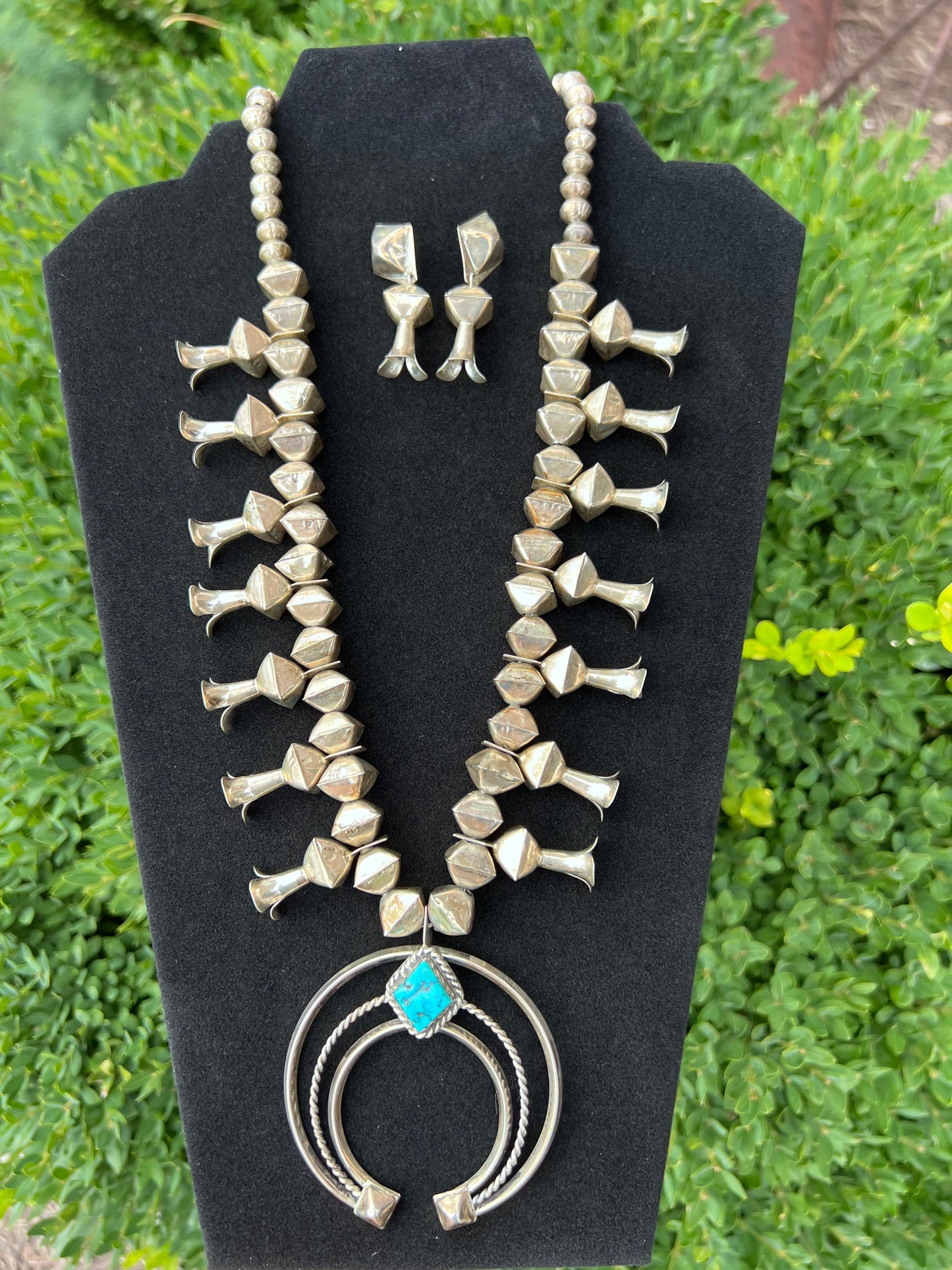 Navajo Handmade by Leon Curley Sterling Silver & Turquoise Square Bead Squash Blossom Necklace & Post Earrings Set