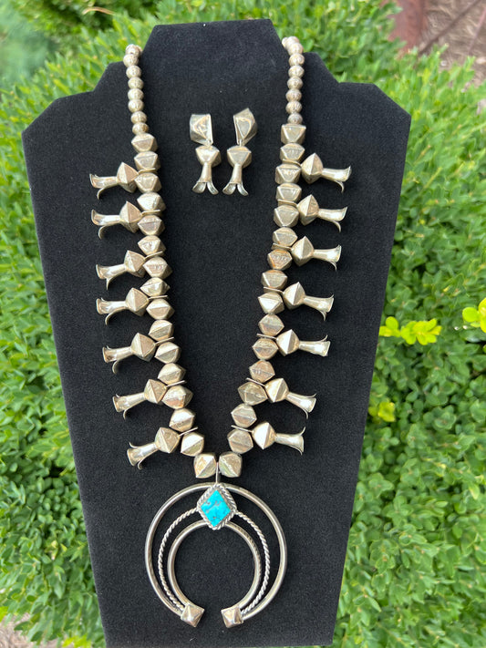 Navajo Handmade by Leon Curley Sterling Silver & Turquoise Square Bead Squash Blossom Necklace & Post Earrings Set