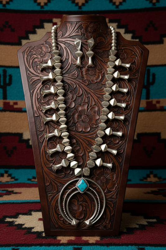 Vintage Navajo Handmade by Leon Curley Sterling Silver & Turquoise Square Bead Squash Blossom Necklace & Post Earrings Set