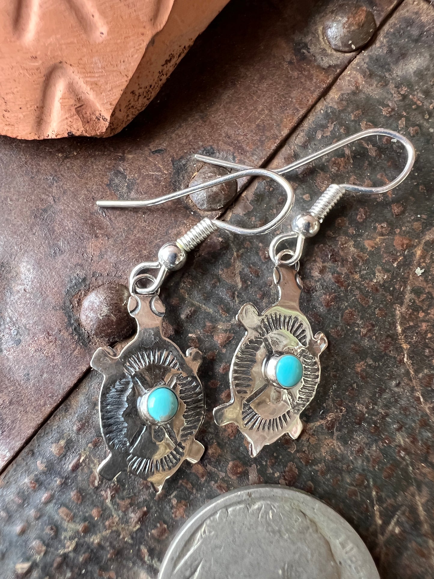 Dainty Handmade by Lucille Platero (Navajo) Turquoise & Sterling Silver Turtle Earrings 1.5” Length