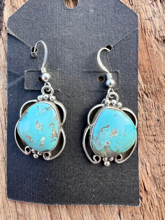 Native Navajo Handmade Sterling & Carico Lake Turquoise Dangle Earrings 1.5”