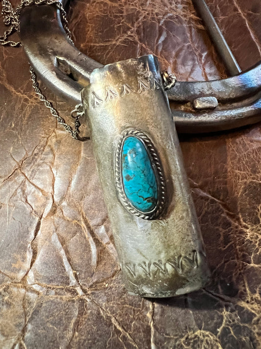 Vintage Navajo Handmade Sterling Silver & Turquoise Bic Lighter Case Chain Necklace 24”