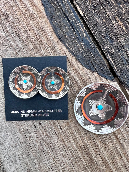 Vintage Native American Handmade by P. Morgan- Sterling & Turquoise Basket Post Earrings & Pendant/Pin Set