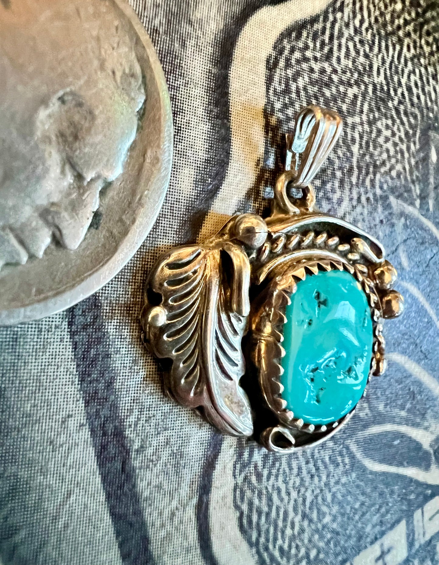 Vintage Turquoise & Sterling Pendant-Navajo Handmade 1”