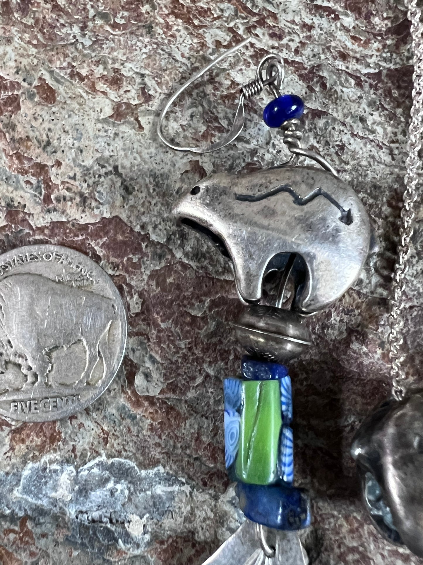 Native American Handmade Sterling, Turquoise, Lapis Bear Necklace 18”- Earrings 3.5” Set