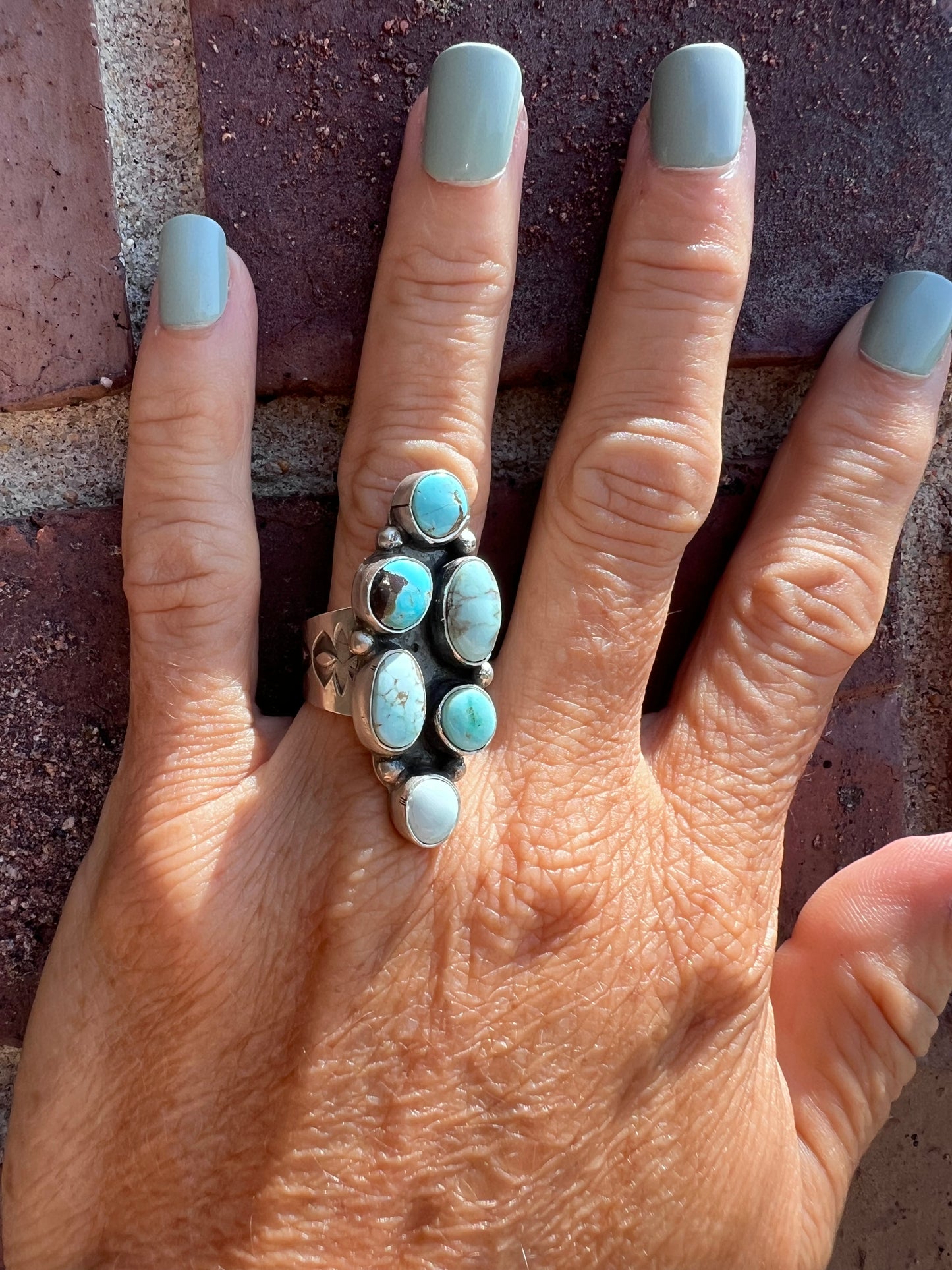 Navajo Handmade by Jackson Hoskie- RARE Dry Creek Turquoise 6-stone Ring Sz 7.75