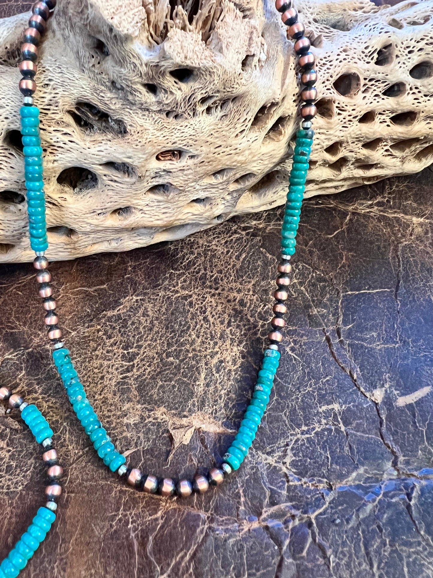 Copper Copper, Sterling & Tyrone Turquoise Bead 5mm Necklace 16”-18”, Bracelet 6-7” & Earrings 3” SET