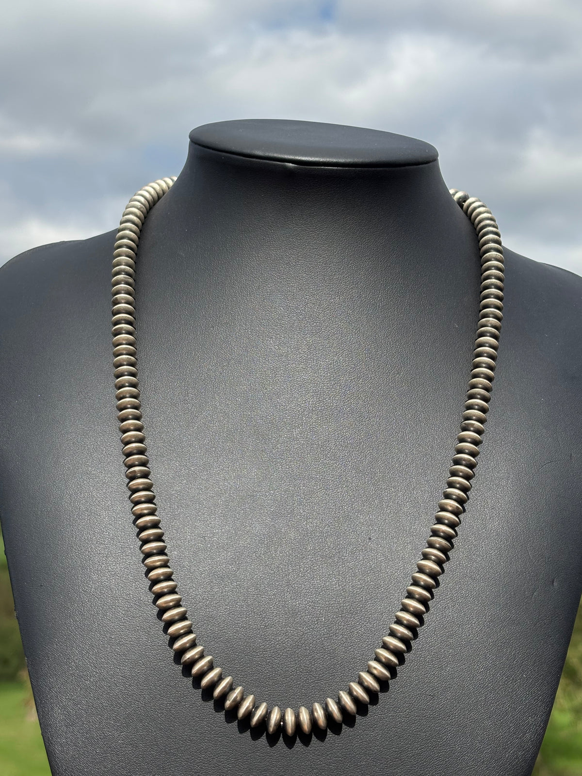 Navajo Pearls Handmade by Bryannen Halwood. Sterling Silver 8mm Saucer Bead Necklace 24”