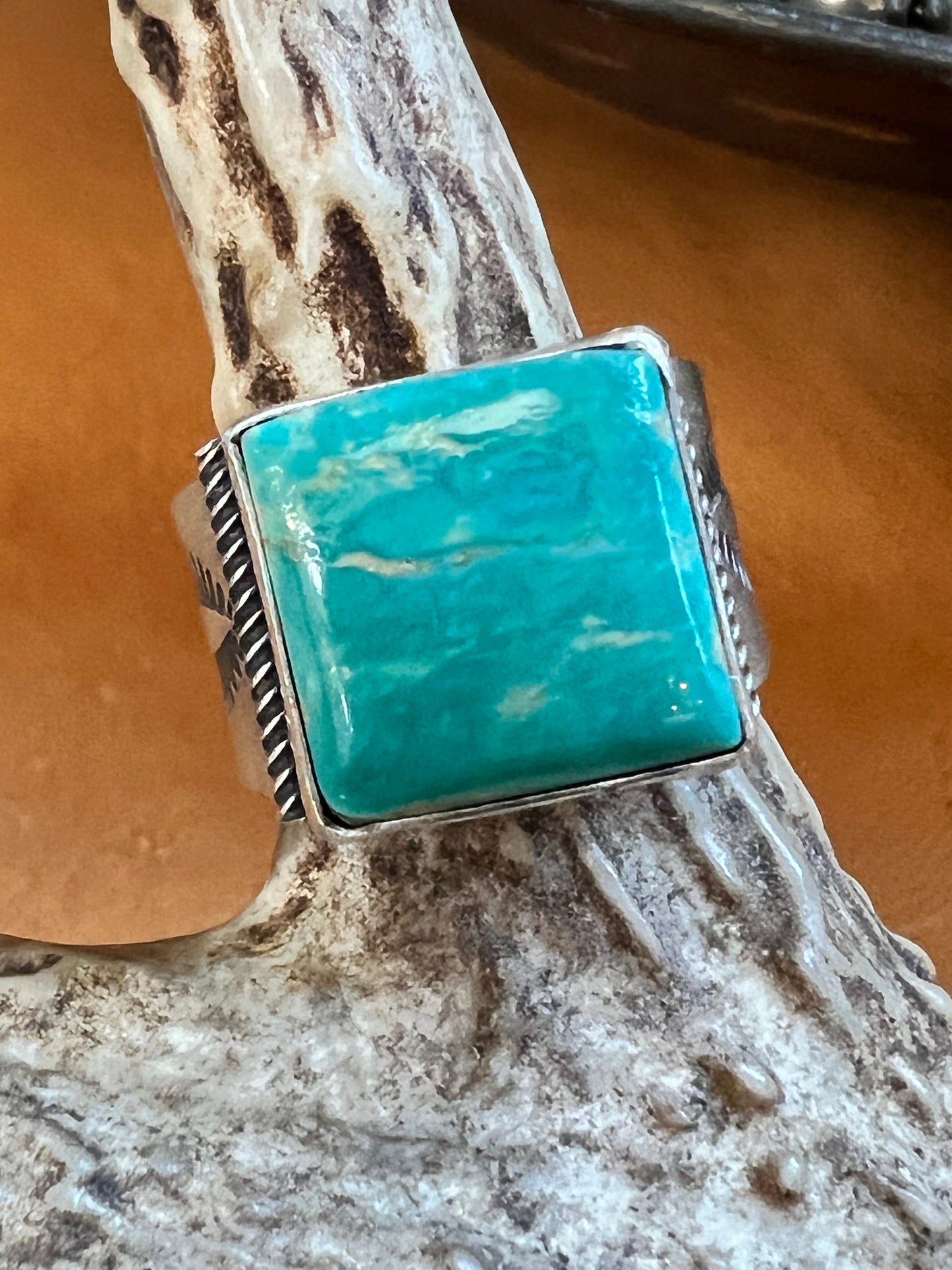 Handmade By Ray Bennett. Sterling & Royston Turquoise Square-stone Ring Sz 8