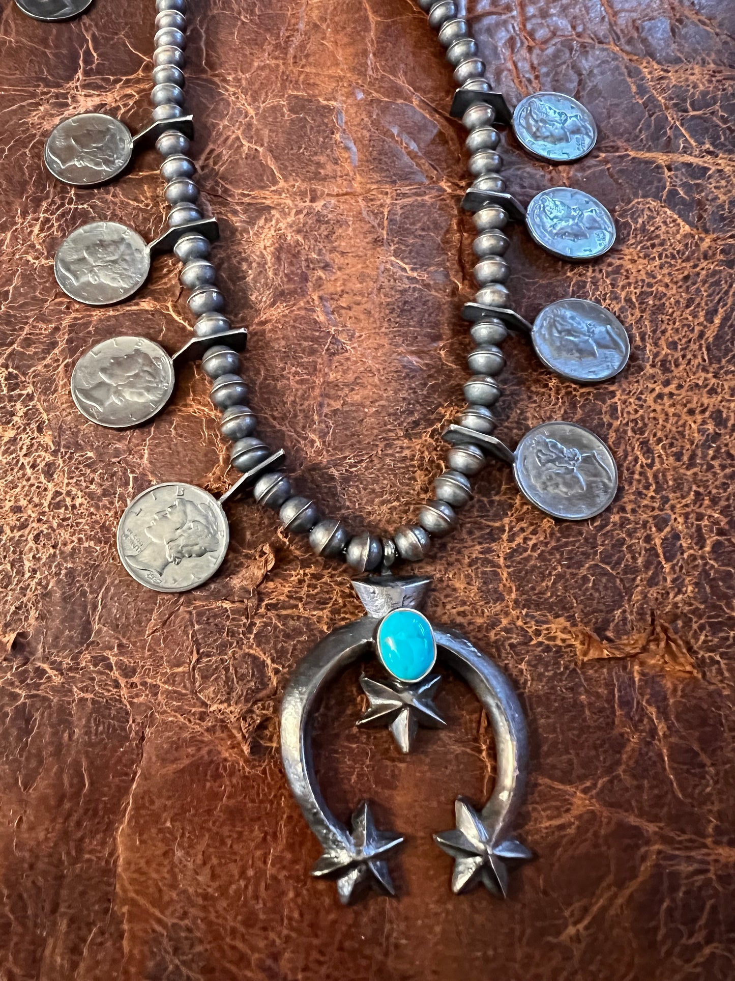 Navajo Handmade by Mekechto Jim. Mercury Dime Squash Necklace Cast Naja with Kingman Turquoise and Earrings Set
