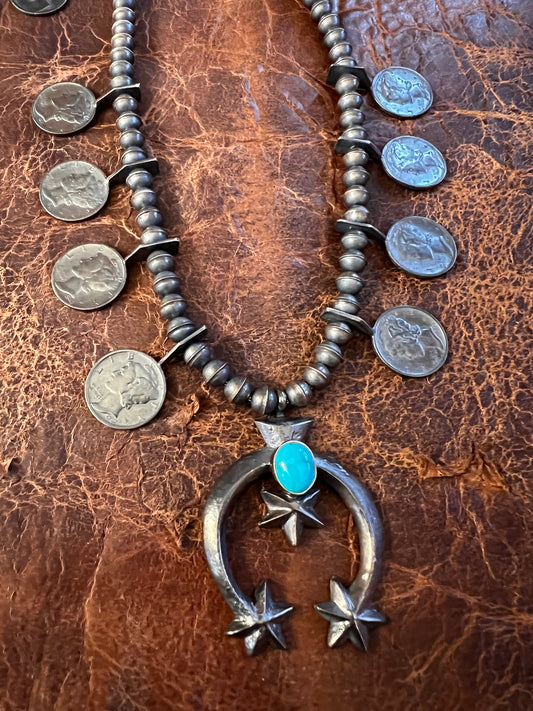 Navajo Handmade by Mekechto Jim. Mercury Dime Squash Necklace Cast Naja with Kingman Turquoise and Earrings Set