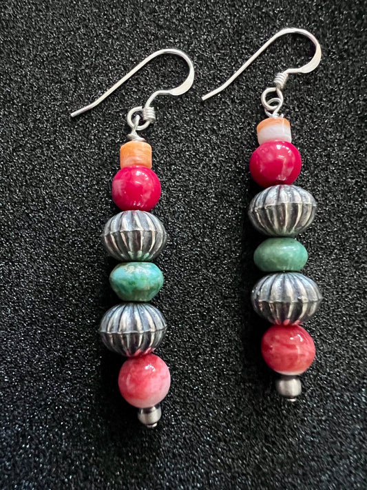 Sterling Corrugated Beads, Green Turquoise, Red Coral & Orange Spiney Dangle Earrings 2”