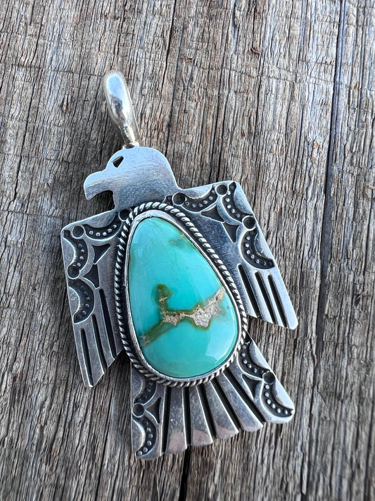 Native American Handmade Sterling & Royston Turquoise Thunderbird Pendant 2”