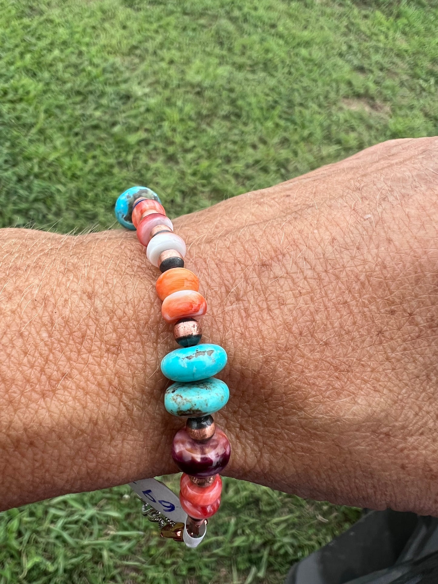 Copper, Orange/Red/Purple Spiny, Turquoise & Lapis Beaded 4-10mm Bracelet Sz 7-8”