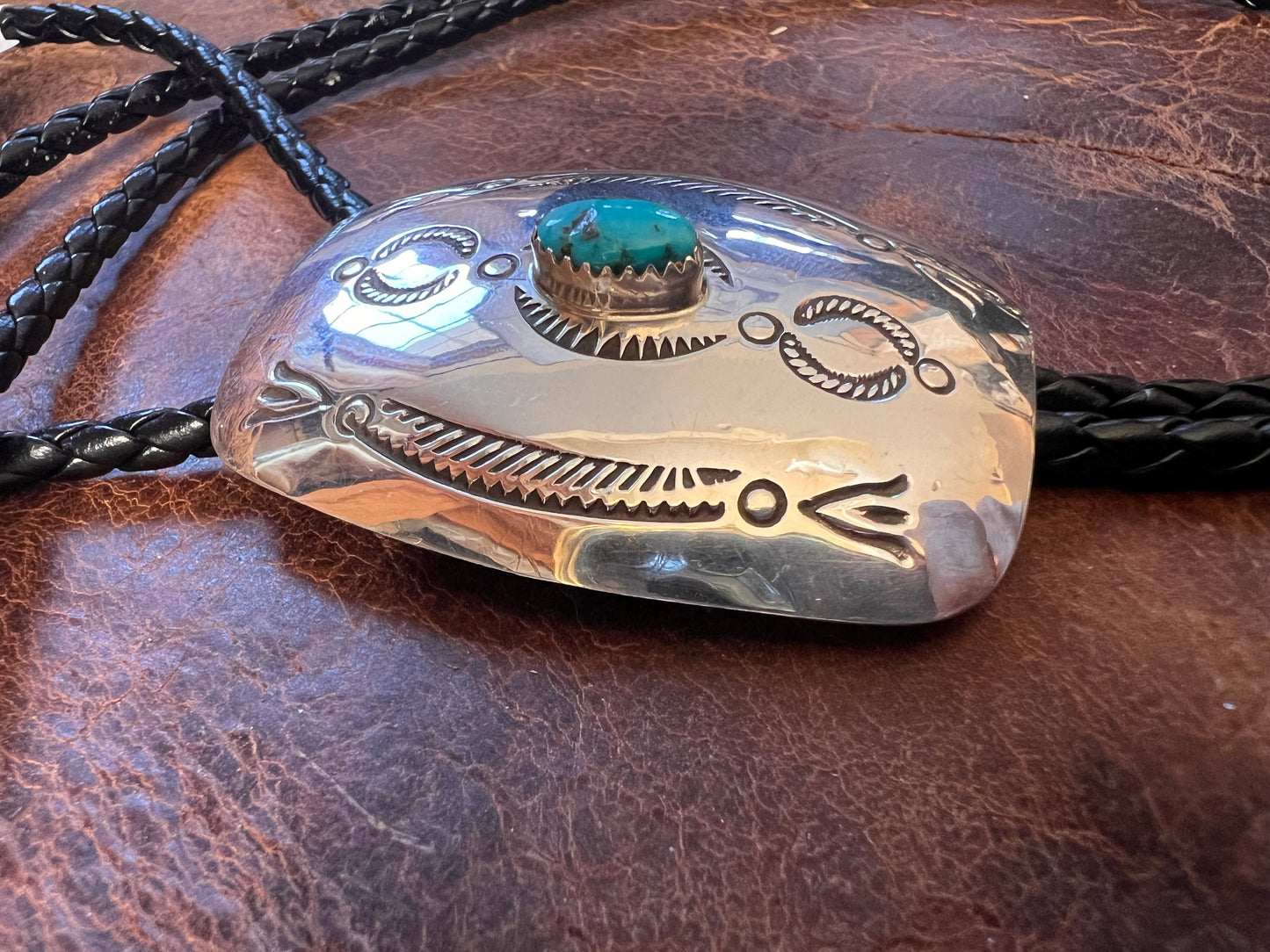 Navajo Handmade Rectangle Sterling Concho with Kingman Turquoise Bolo Necklace by Joann Begay