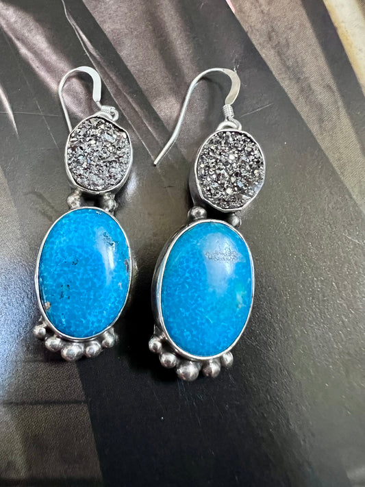 Navajo Handmade Sterling, Druzy & Turquoise Dangle Earrings 2”