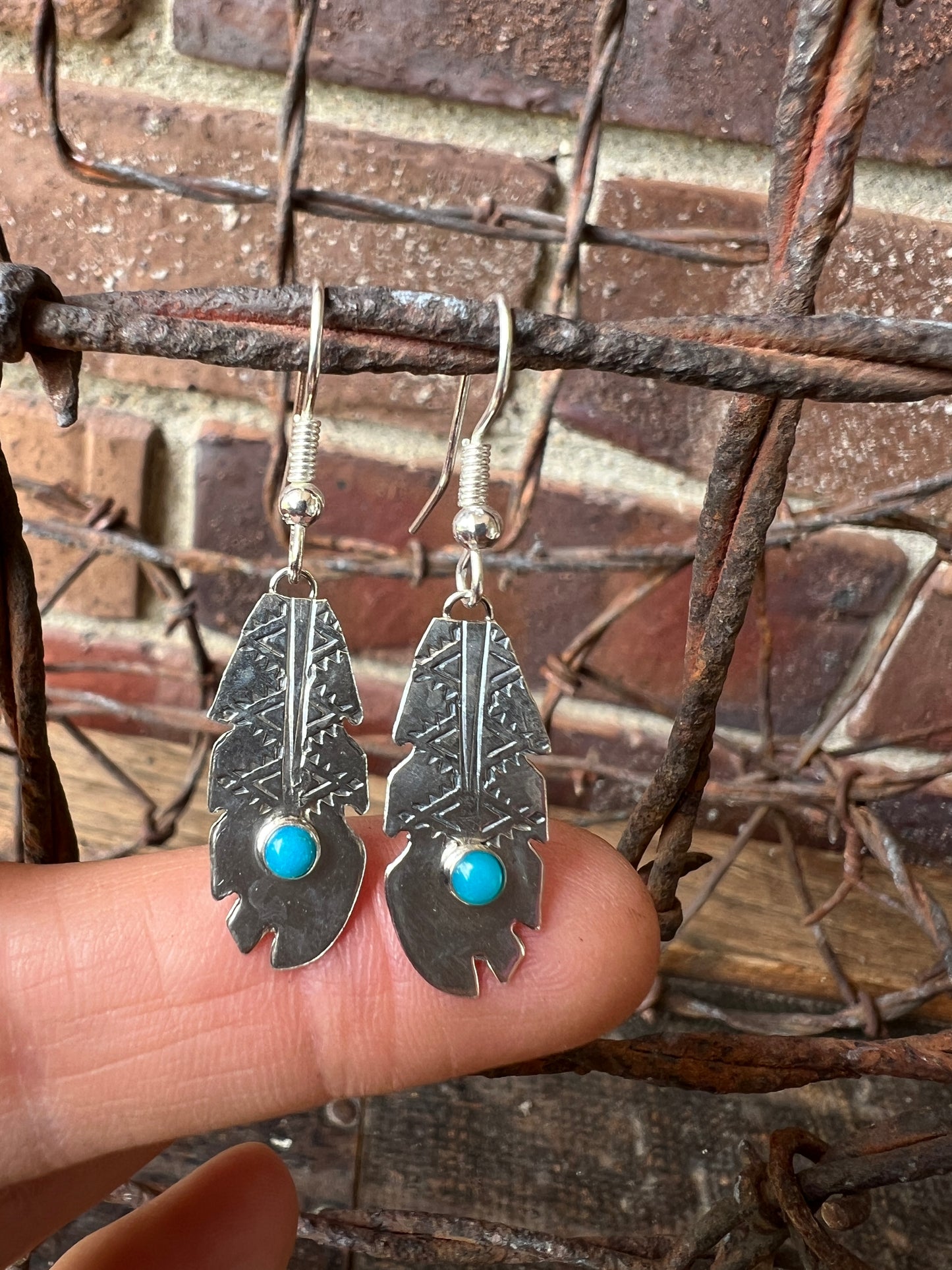 Dainty Handmade by Lucille Platero (Navajo) Turquoise & Sterling Silver Feather Earrings 1 3/4” Length