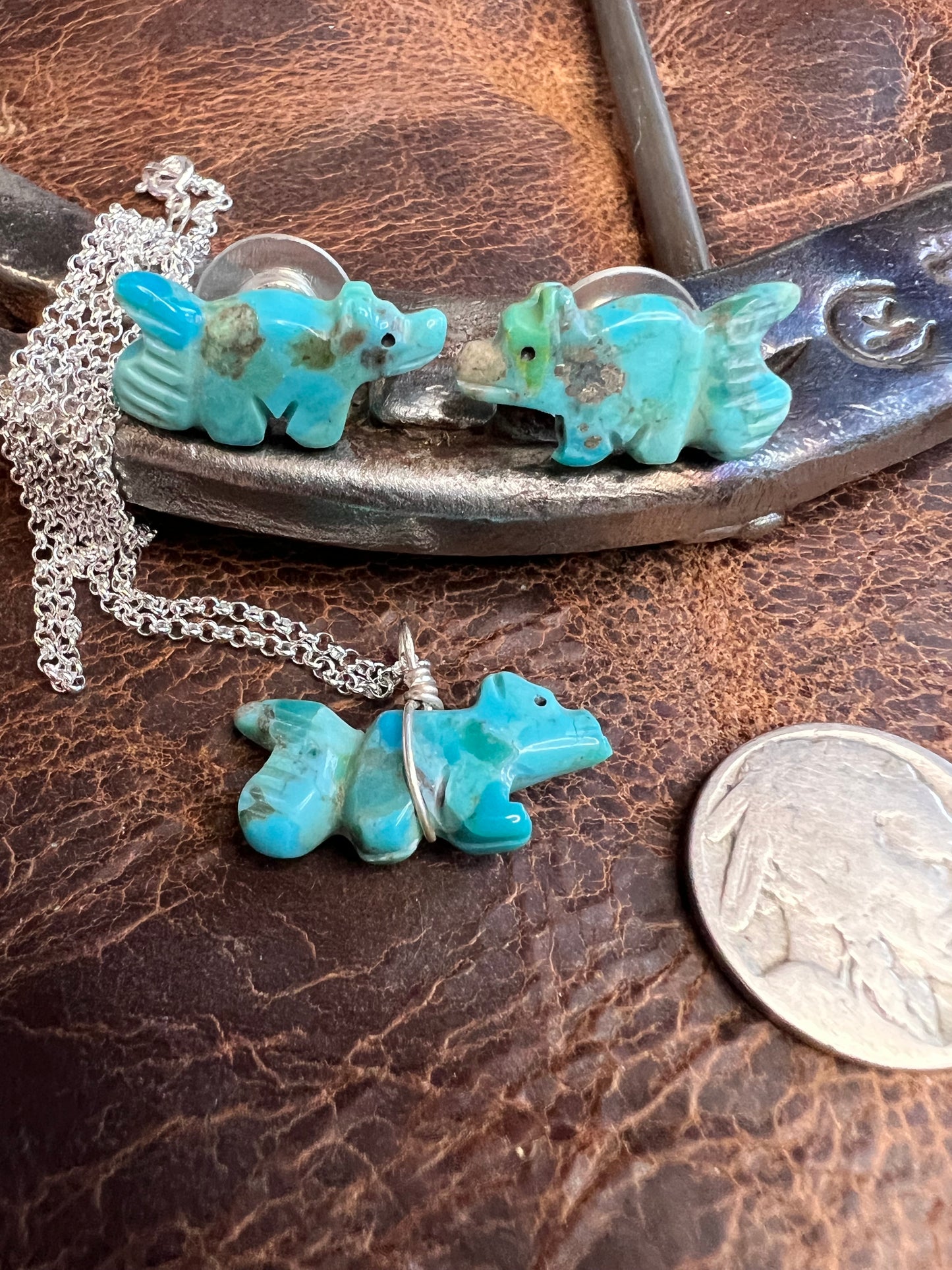 Zuni Handmade Turquoise Fox Fetish Post Earrings, Pendant & NecklaceSet 1”x1/2”