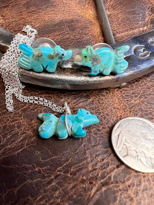 Zuni Handmade Turquoise Fox Fetish Post Earrings, Pendant & Necklace Set 1”x1/2”