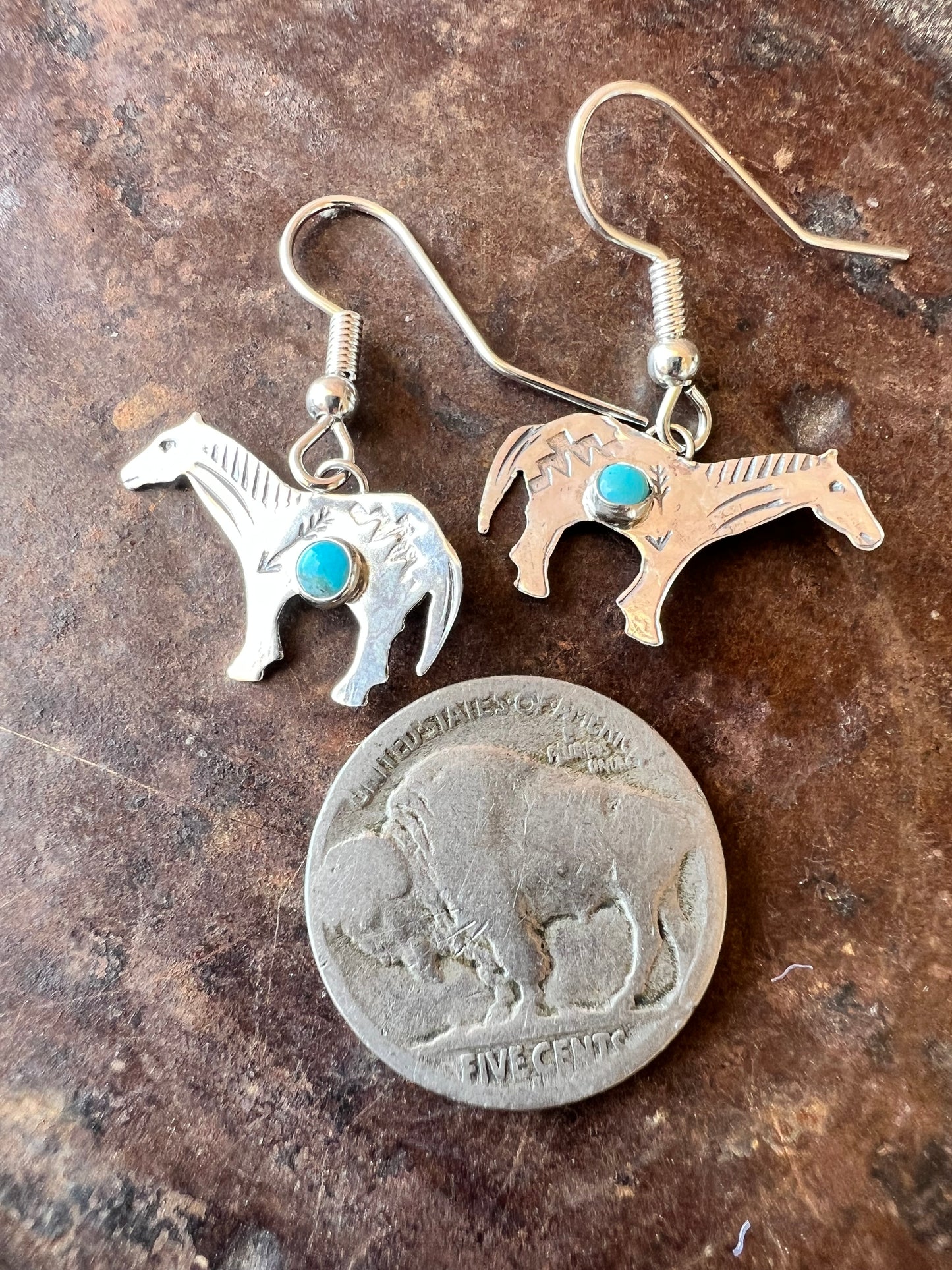 Dainty Handmade by Lucille Platero (Navajo) Turquoise & Sterling Silver Horse Earrings 1 1/4” Length
