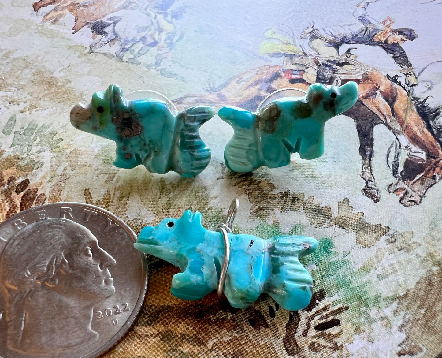 Zuni Handmade Turquoise Fetish Post Earrings & Pendant Set 1”x1/2”