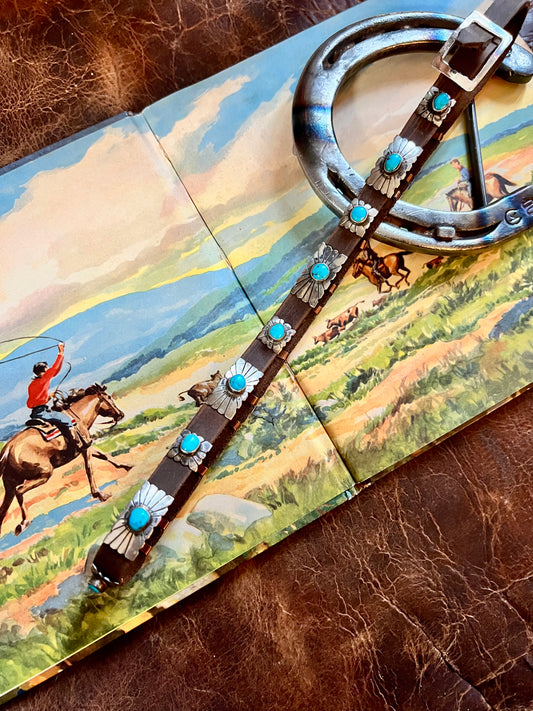 Sterling Silver & Turquoise on Brown Leather Hatband- Navajo Handmade by Marlene Ramone 27” x 1/2”