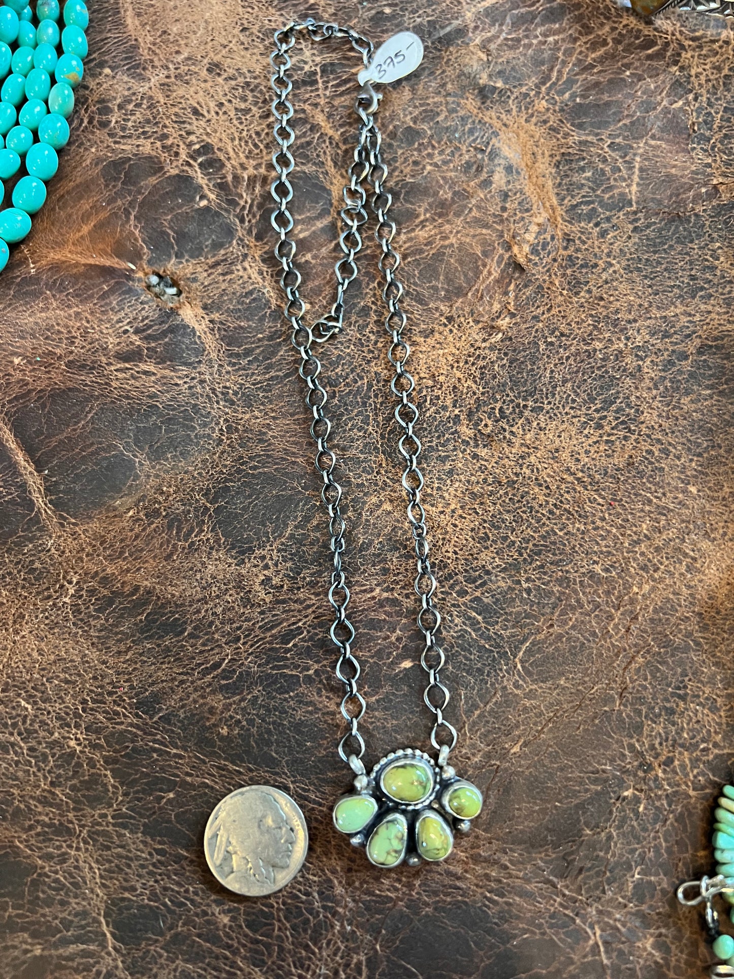 Handmade by Travis Jim, Sterling & Sonoran Turquoise Cluster Pendant Necklace 20”