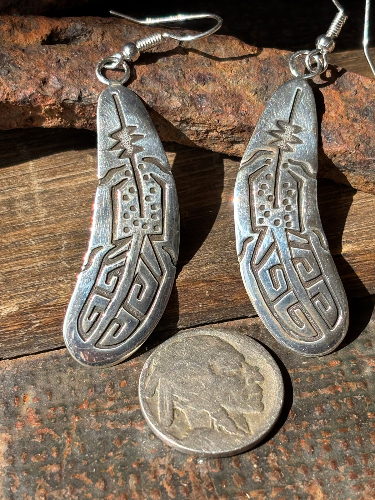 Handmade by Navajo artist Sonny Gene - Sterling Silver Overlay Eagle Feather Dangle Earrings