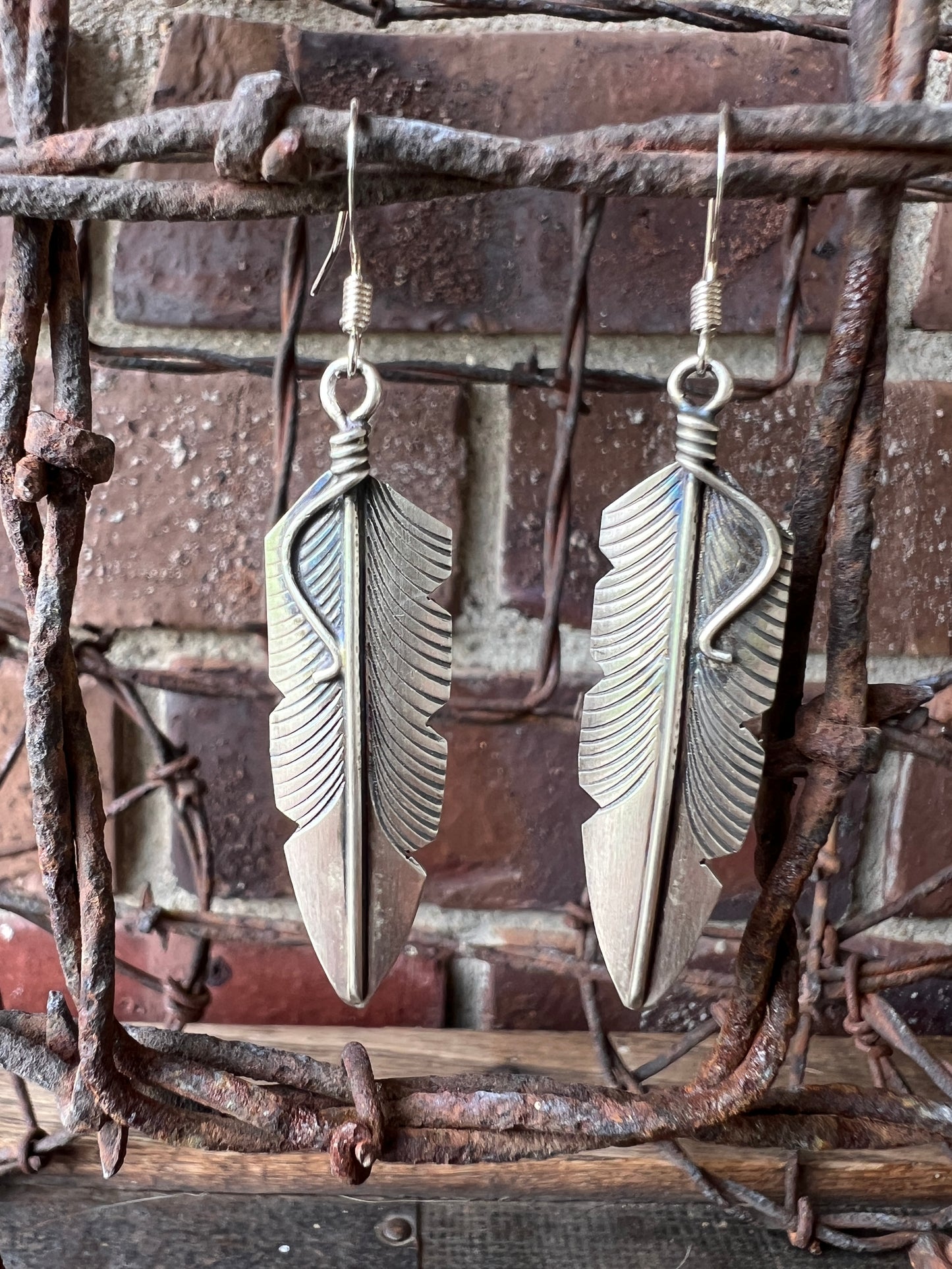 Navajo handmade by Chris Charley Sterling Silver Feather Dangle Earrings 2 3/8”