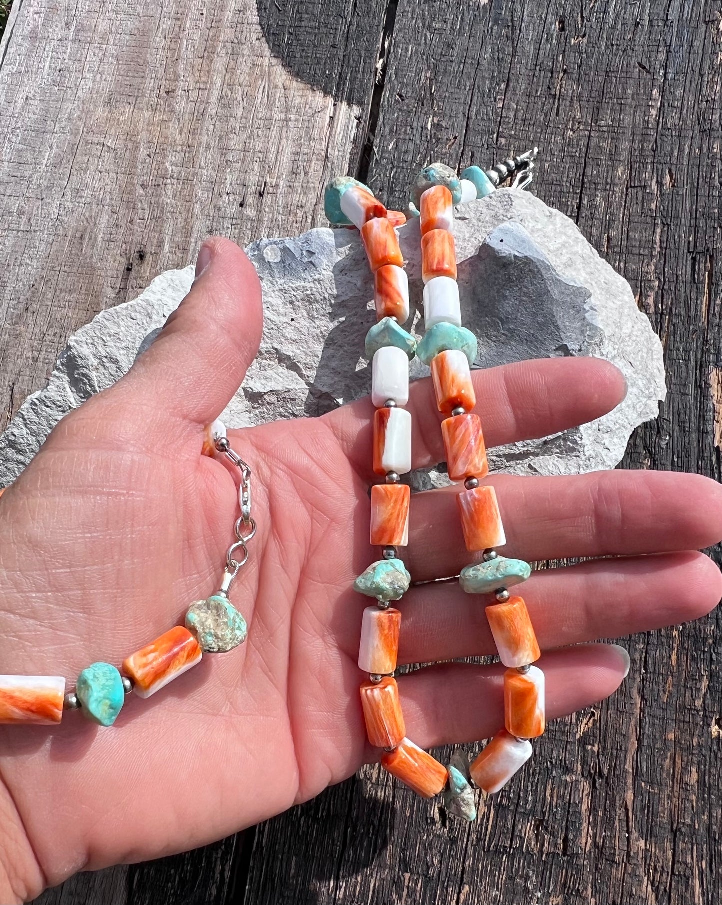 Handmade Barrel Bead Orange Spiney w/Chunky Campitos Turquoise Nugget & Sterling Beads Bracelet 7 3/4” & Necklace 20”
