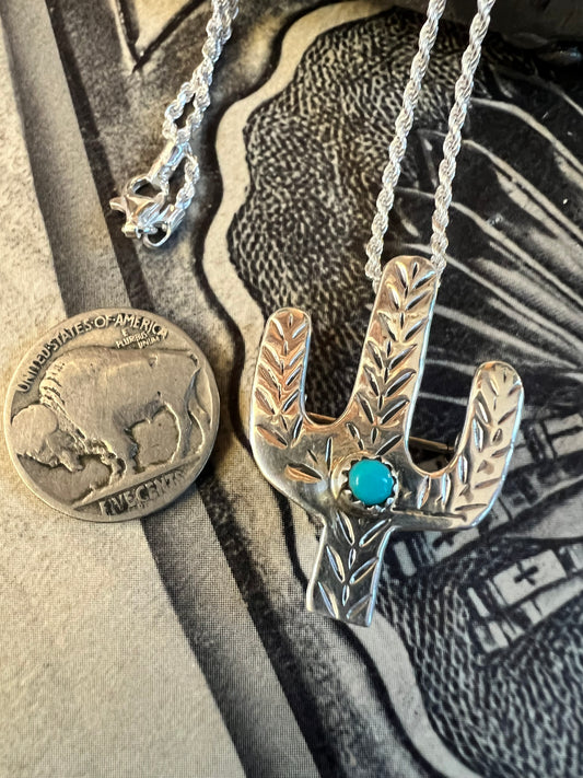 Navajo Handmade Sterling Silver & Turquoise Cactus Pin/Pendant on 16” Sterling Rope Chain