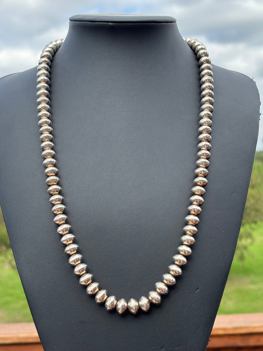 Vintage Handmade High-shine Navajo Pearls Sterling Silver 10.5mm Saucer Bead Necklace 27.5”