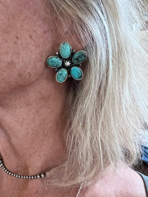 Navajo Handmade by Ella Peter- Carico Lake Turquoise Flower Cluster Post Earrings 1.5”