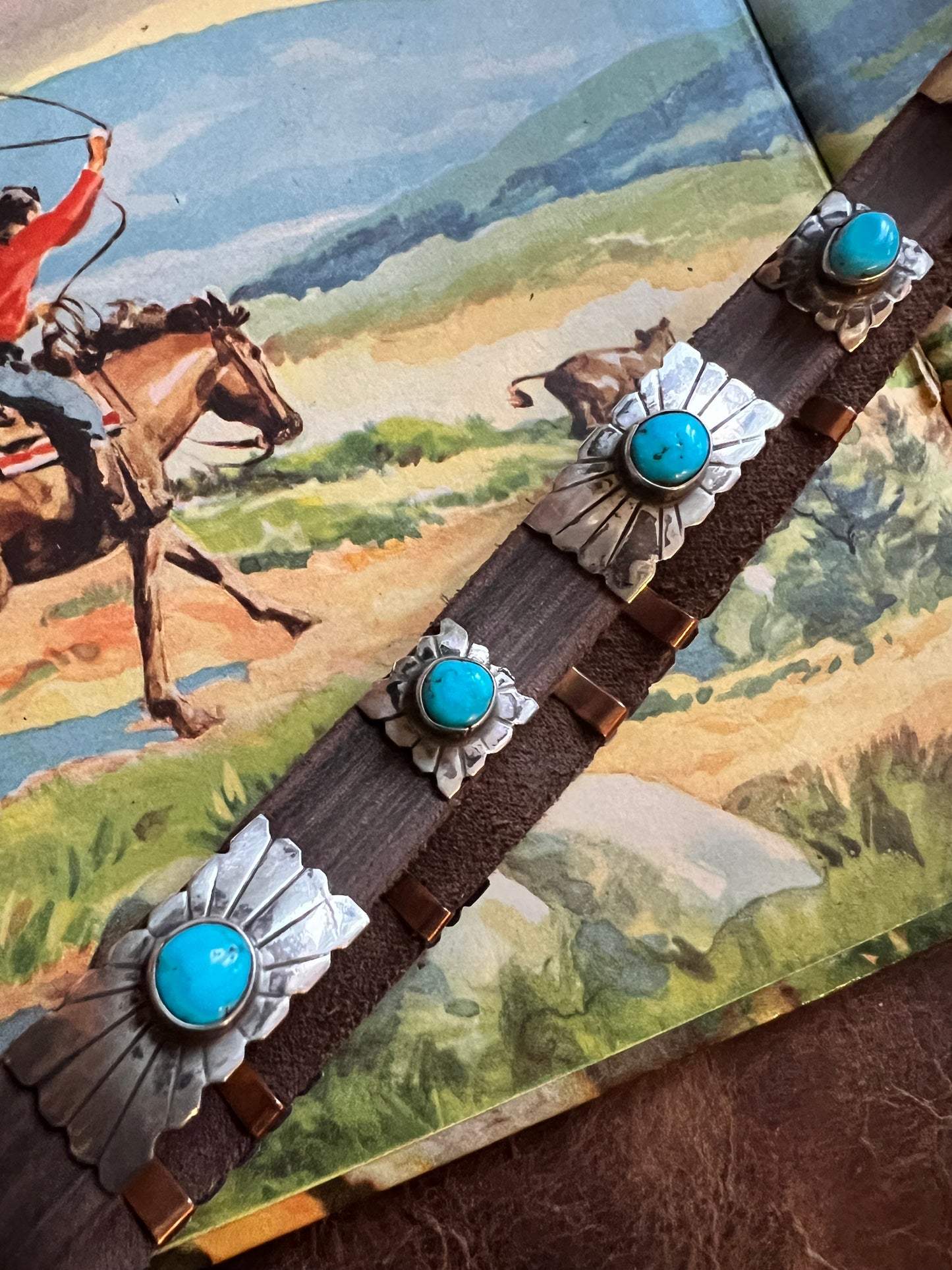 Sterling Silver & Turquoise on Brown Leather Hatband- Navajo Handmade by Marlene Ramone 27” x 1/2”