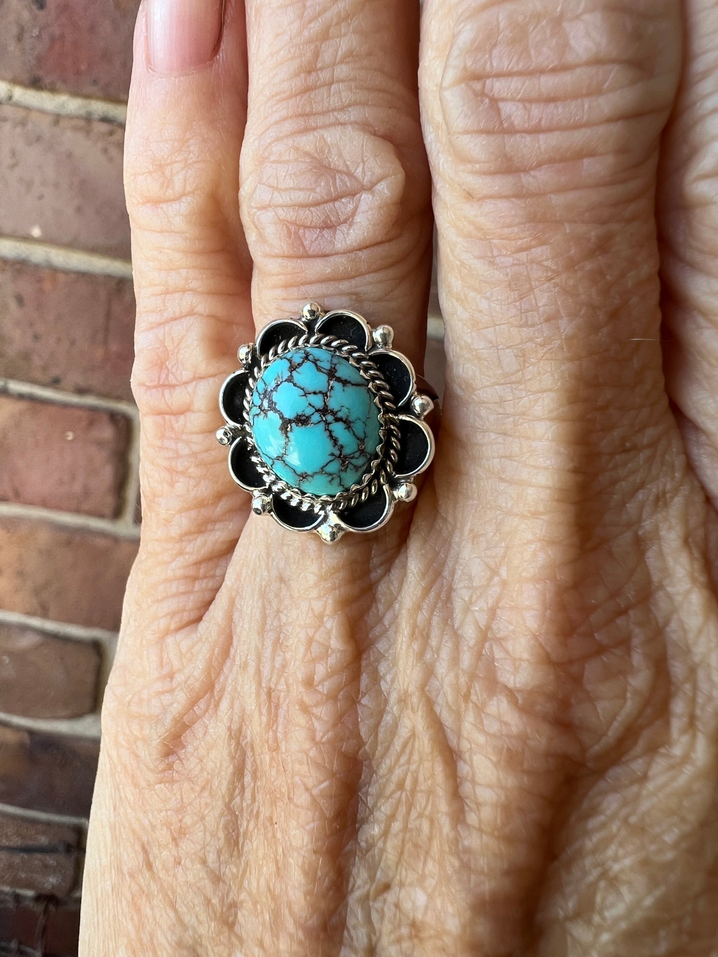 Prince Turquoise & Sterling Silver Ring- Navajo Handmade & signed “M” Size 7