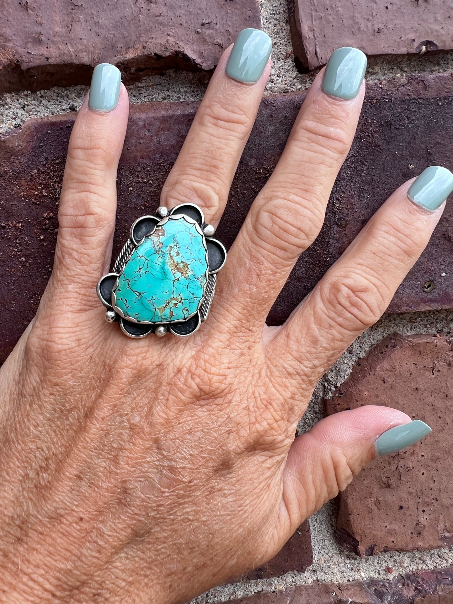 Native American Handmade by Miranda Willie. Sterling & Royston Turquoise Ring Sz Adjustable