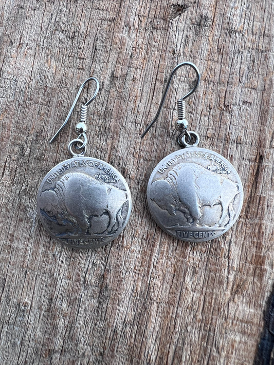 Authentic Buffalo Nickel Earrings Sterling French Hook 1 10/16”